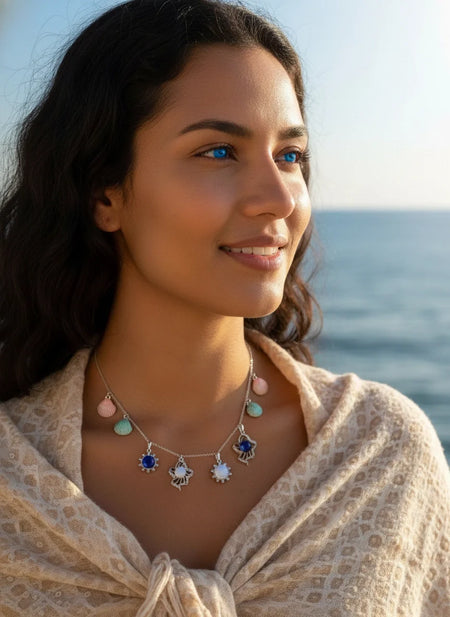 Model showing the healing and calming benefits of wearing the Inner Ocean aromatherapy jewellery collection by Lilanimus