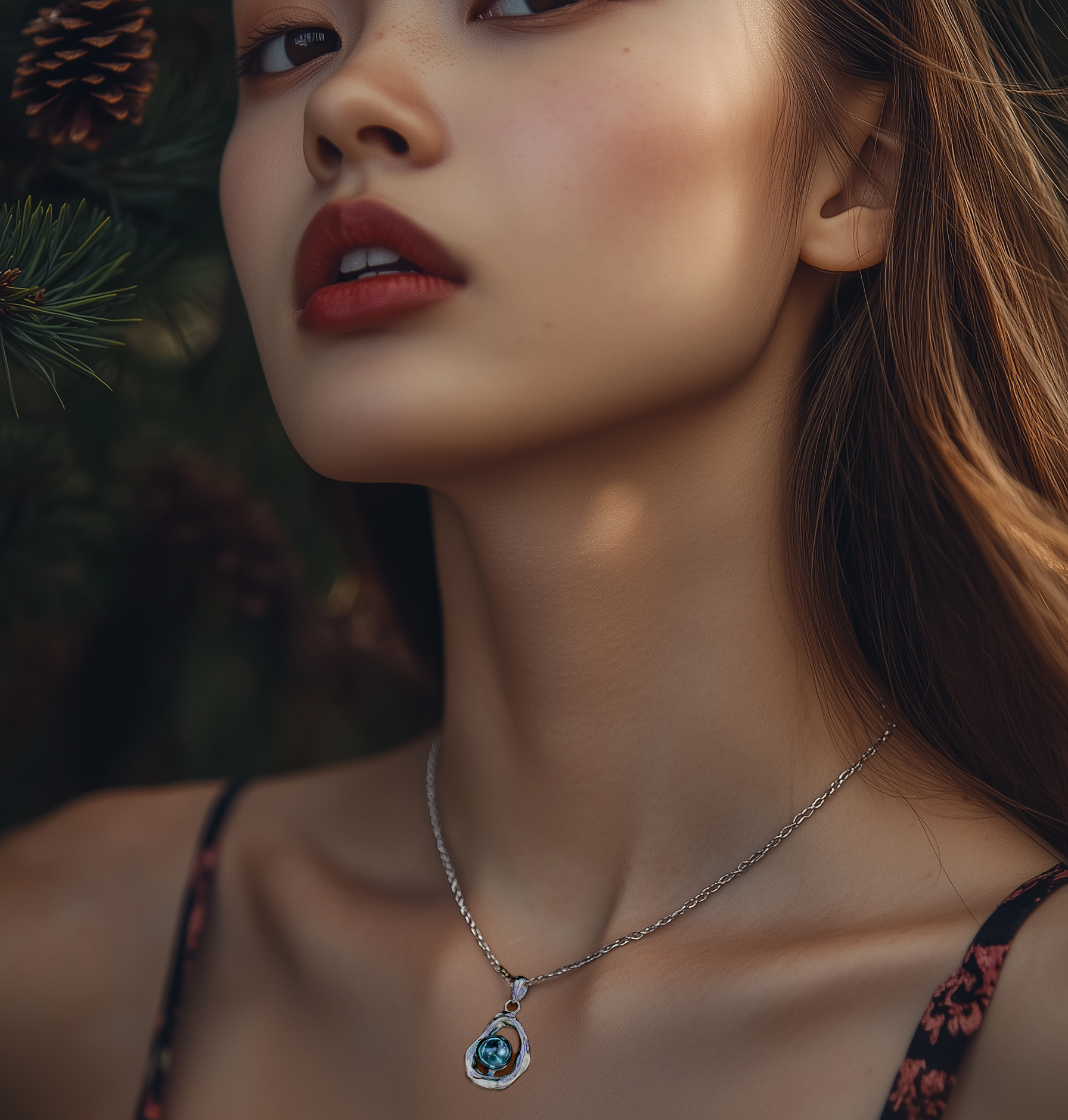 A beauty wearing the Crystal Breeze diffuser necklace by Lilanimus