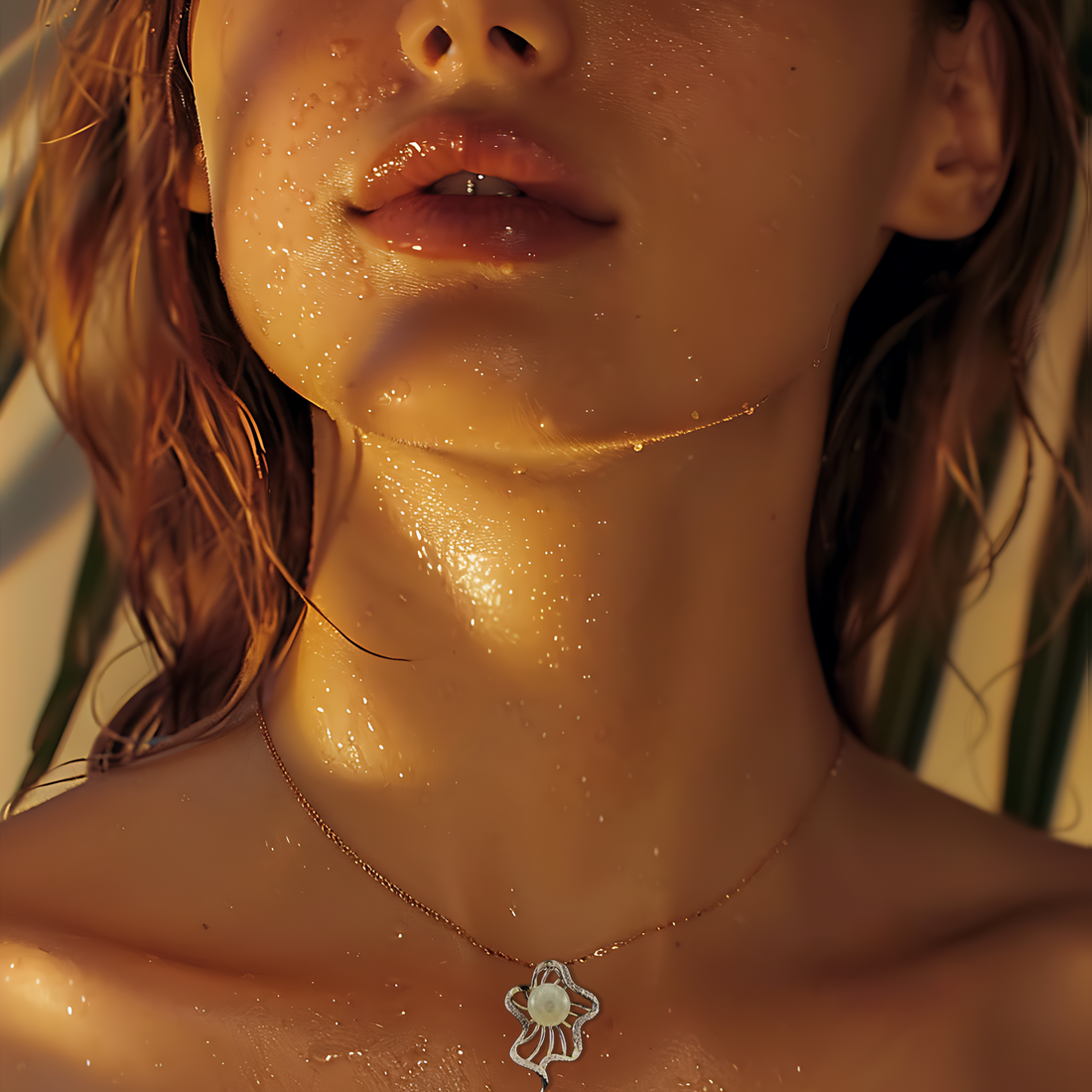 A lady wearing the Lilanimus Moonlit Medusa aromatherapy necklace, exuding beauty and serenity