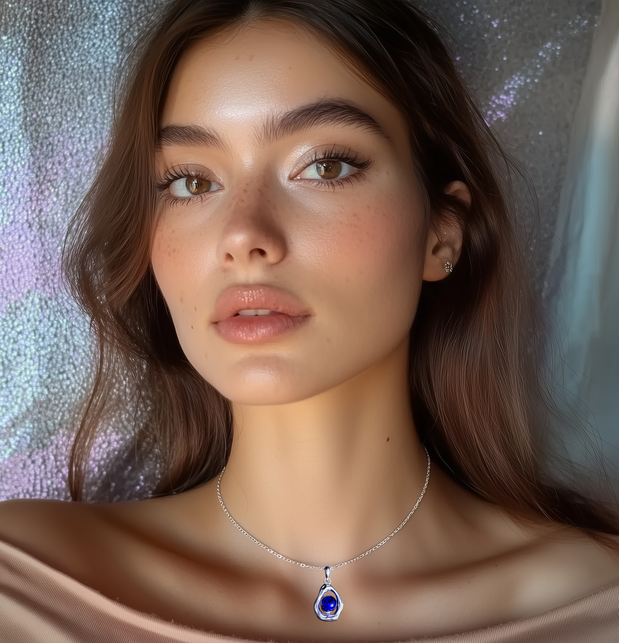 Fashionista wearing the Midnight Shell Aromatherapy Necklace by Lilanimus, silver-plated diffuser necklace
