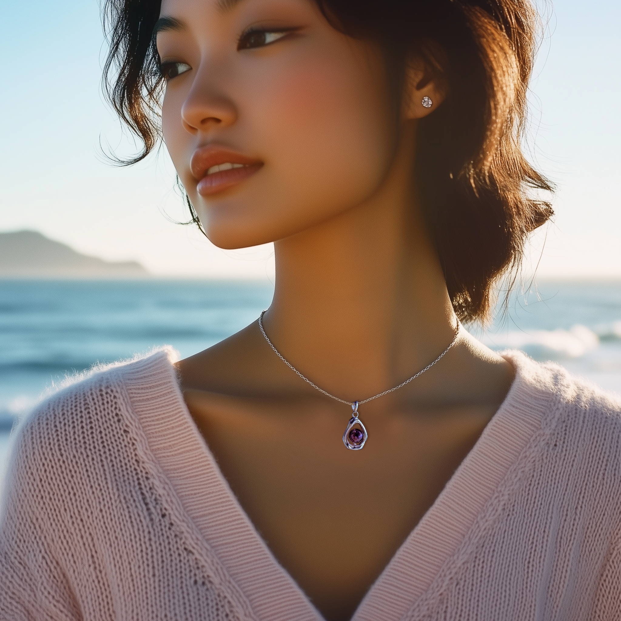 Model wearing the Rose Tide aromatherapy jewellery by Lilanimus, a silver white gold-plated diffuser necklace with a bordeaux glass orb, set against a beach backdrop