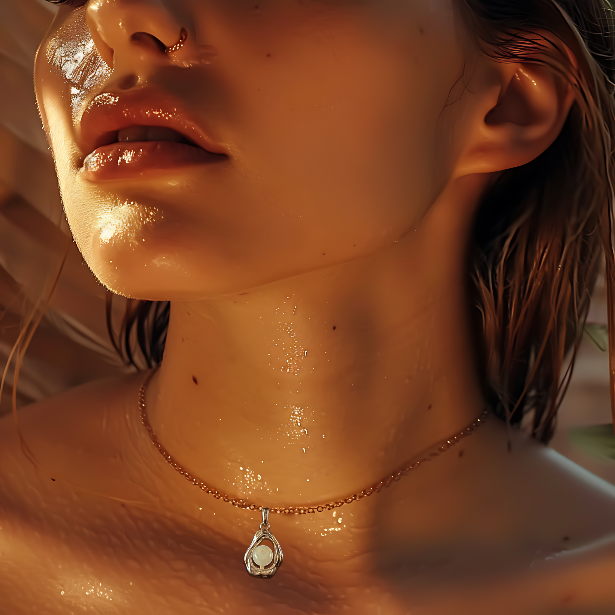 Model wearing the Lunar Shell aromatherapy jewellery by Lilanimus, a white gold-plated diffuser necklace offering calming healing effects for peace and balance